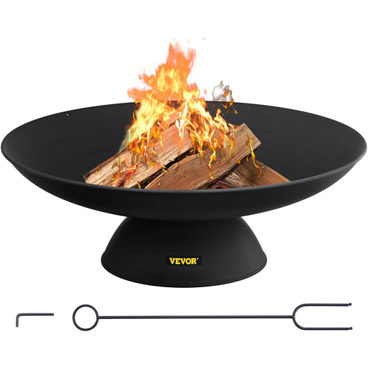 Fire Pit Bowl, 30-tums djup rund eldskål i gjutjärn, vedeldning för uteplatser, bakgårdar och campingbruk, med en stabil skål designad bas och en vedpinne, svart