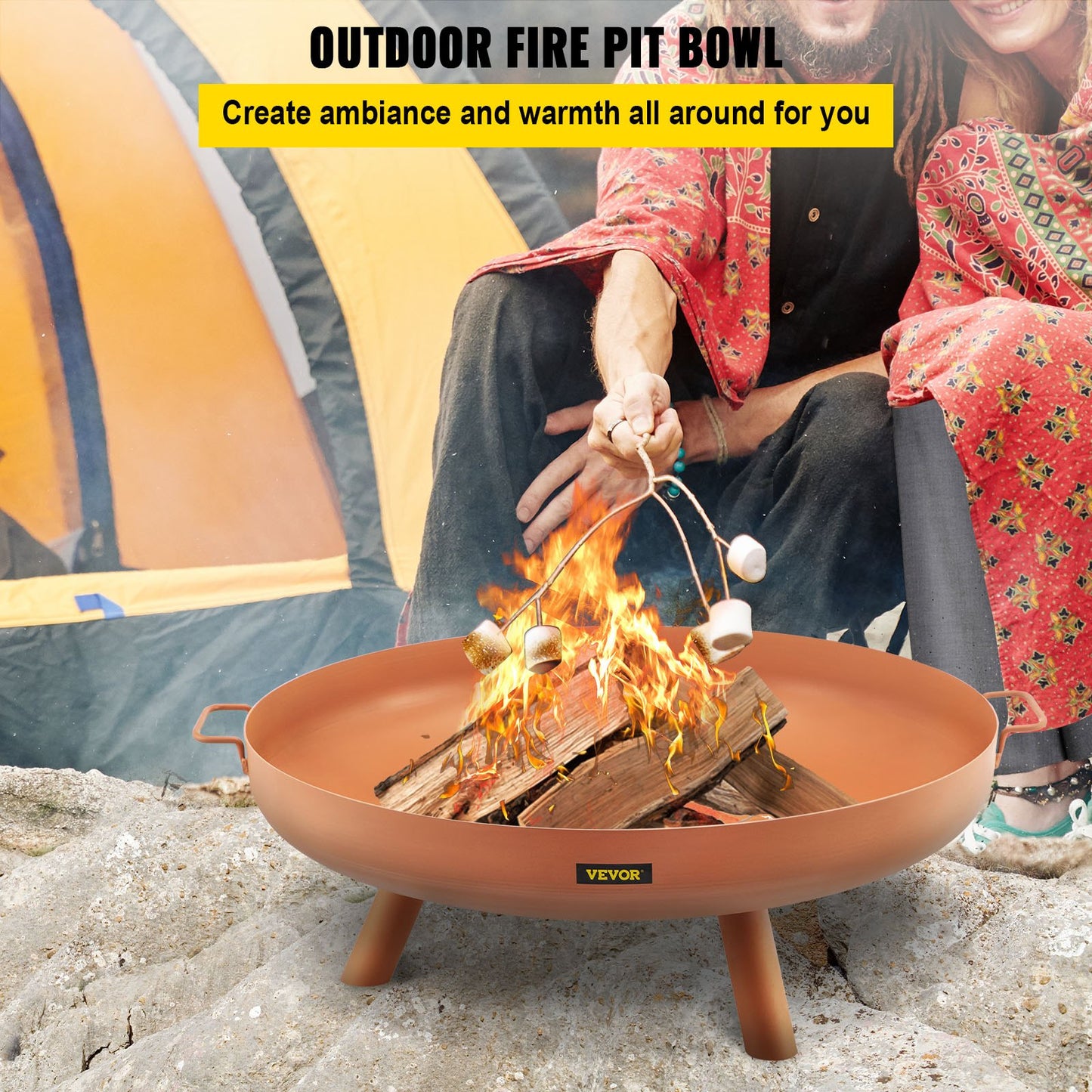 Fire Pit Bowl, 30-tums djup rund eldskål i kolstål, vedeldning för uteplatser, bakgårdar och campingbruk, med ett avloppshål, bärbara handtag och en vedpinne, brun