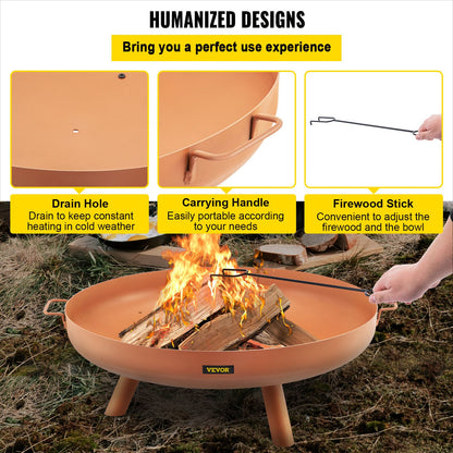 Fire Pit Bowl, 30-tums djup rund eldskål i kolstål, vedeldning för uteplatser, bakgårdar och campingbruk, med ett avloppshål, bärbara handtag och en vedpinne, brun