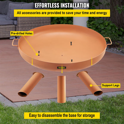 Fire Pit Bowl, 30-tums djup rund eldskål i kolstål, vedeldning för uteplatser, bakgårdar och campingbruk, med ett avloppshål, bärbara handtag och en vedpinne, brun