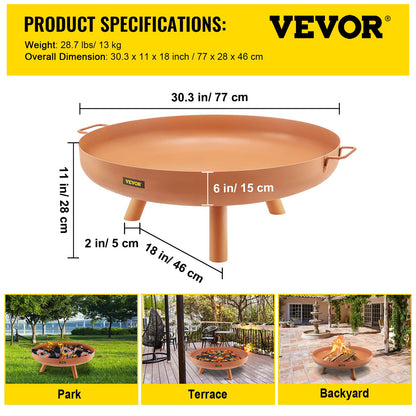 Fire Pit Bowl, 30-tums djup rund eldskål i kolstål, vedeldning för uteplatser, bakgårdar och campingbruk, med ett avloppshål, bärbara handtag och en vedpinne, brun
