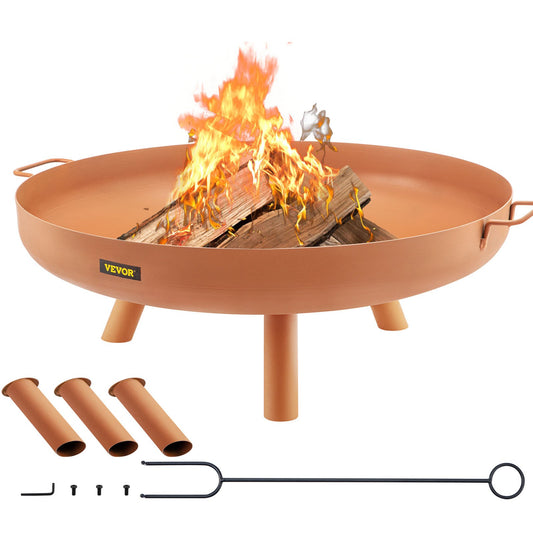 Fire Pit Bowl, 30-tums djup rund eldskål i kolstål, vedeldning för uteplatser, bakgårdar och campingbruk, med ett avloppshål, bärbara handtag och en vedpinne, brun