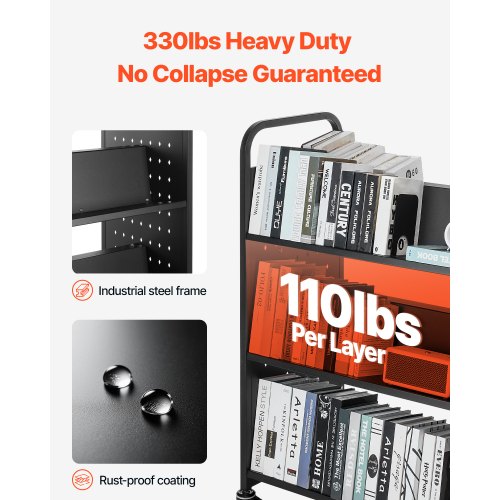 3-Tier Rolling Book Cart Double-Sided W-Shaped Shelf Book Cart in Black