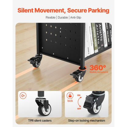 3-Tier Rolling Book Cart Double-Sided W-Shaped Shelf Book Cart in Black