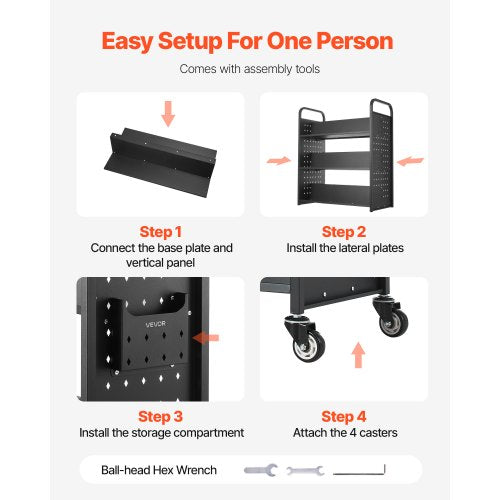 3-Tier Rolling Book Cart Double-Sided W-Shaped Shelf Book Cart in Black