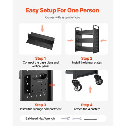 3-Tier Rolling Book Cart Double-Sided W-Shaped Shelf Book Cart in Black