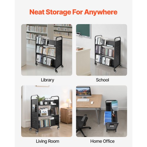 3-Tier Rolling Book Cart Double-Sided W-Shaped Shelf Book Cart in Black