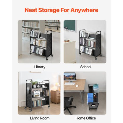 3-Tier Rolling Book Cart Double-Sided W-Shaped Shelf Book Cart in Black