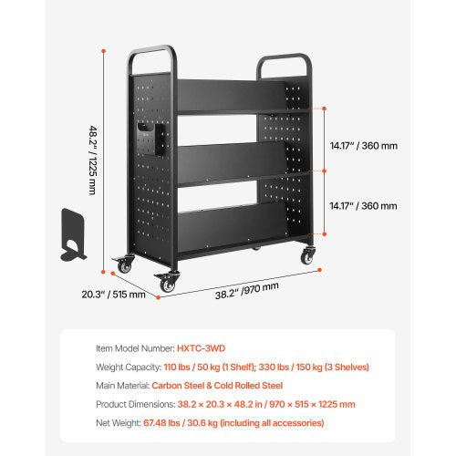 3-Tier Rolling Book Cart Double-Sided W-Shaped Shelf Book Cart in Black