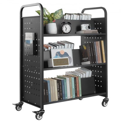 3-Tier Rolling Book Cart Double-Sided W-Shaped Shelf Book Cart in Black