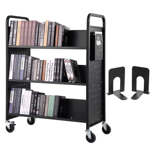 Bokvagn, 330 lbs biblioteksvagn, 39,4" x 20,1" x 49,2" rullande bokvagn, dubbelsidiga W-formade lutande hyllor med 4-tums låsbara hjul för hemhyllor Kontorskola, boklastbil i svart