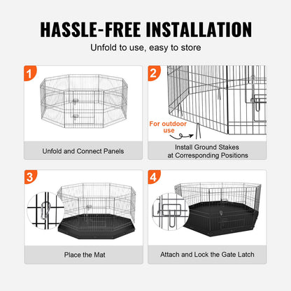 Hundlekhage, 8 paneler hopfällbar hundträningspenna i metall med bottendyna, 24" H sällskapsstaket Valplåda Kennel med markinsatser, inomhus hundpenna utomhus för små medelstora husdjur, för camping, trädgård