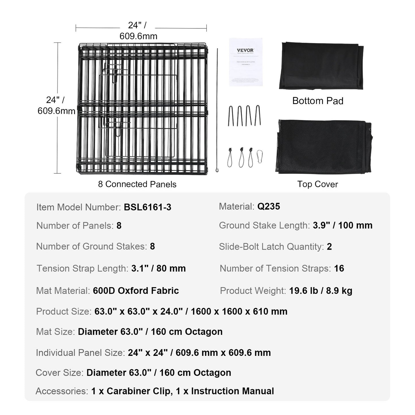 Dog Playpen, 8 Panels, Foldable Metal Dog Training Pen with Top Lid and Bottom Pad, 24" H Pet Fence Puppy Crate Kennel, Indoor Outdoor Dog Pen for Small Medium Pets, for Camping, Farm