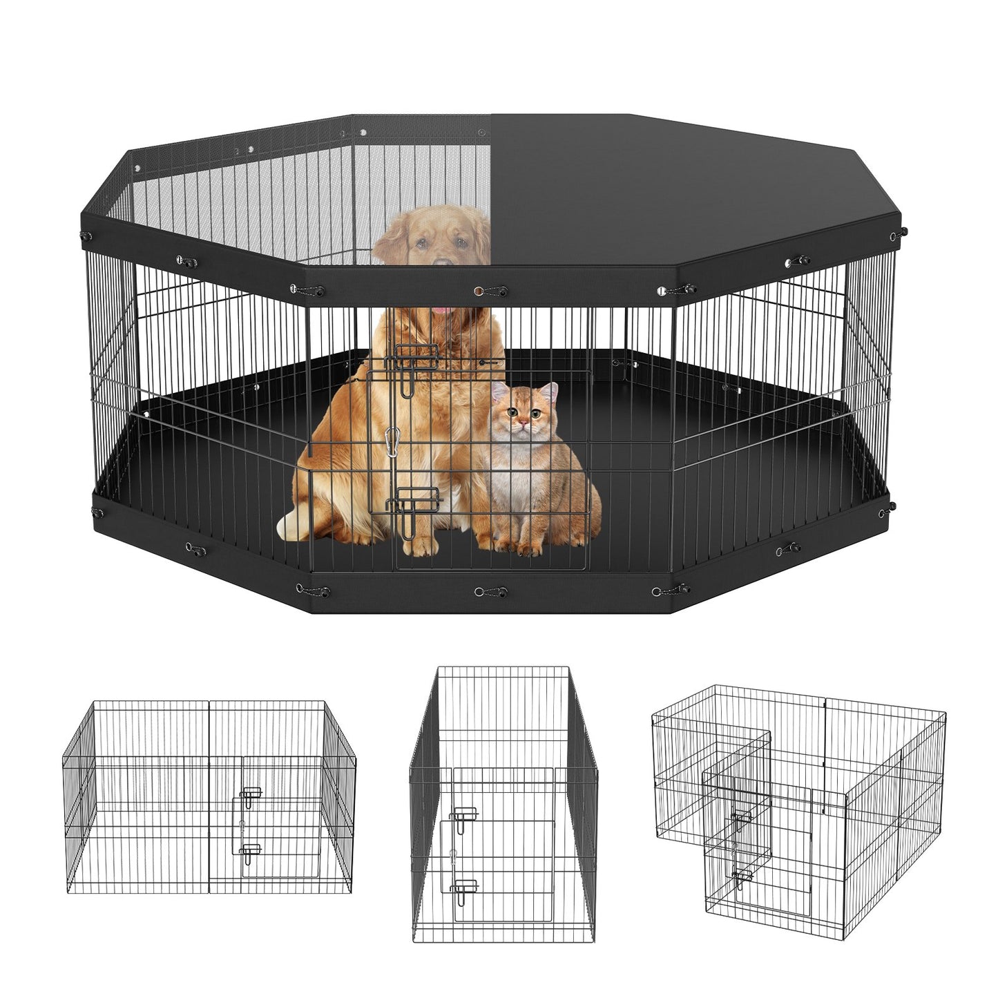 Dog Playpen, 8 Panels, Foldable Metal Dog Training Pen with Top Lid and Bottom Pad, 24" H Pet Fence Puppy Crate Kennel, Indoor Outdoor Dog Pen for Small Medium Pets, for Camping, Farm