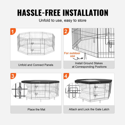 Hundlekhage, 8 paneler hopfällbar hundträningspenna i metall med topplock, 24" H sällskapsstaket Valplåda Kennel med markinsatser, inomhus utomhushundpenna för små medelstora husdjur, för camping, trädgård