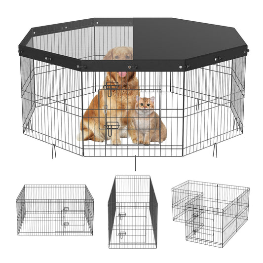 Hundlekhage, 8 paneler hopfällbar hundträningspenna i metall med topplock, 24" H sällskapsstaket Valplåda Kennel med markinsatser, inomhus utomhushundpenna för små medelstora husdjur, för camping, trädgård