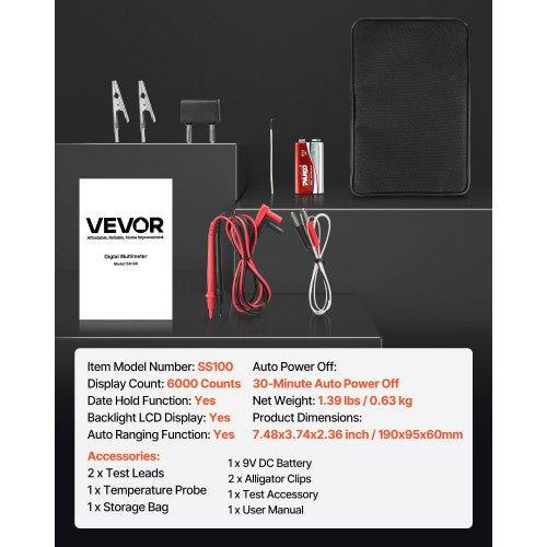 digital multimeter, 6000-siffrors TRMS DC/AC voltmeter strömtester, automatiskt varierande multimeter för ström, spänning, resistans, kapacitans, temperatur, dioder, kontinuitet, lågimpedansmätning |  EU