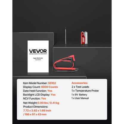 digital multimeter, 6000-enheters TRMS DC/AC voltmeter strömtestare, professionell NCV-multimeter för ström, spänning, resistans, kapacitans, arbetscykel, temperatur, dioder, kontinuitet, fasledningstest |  EU