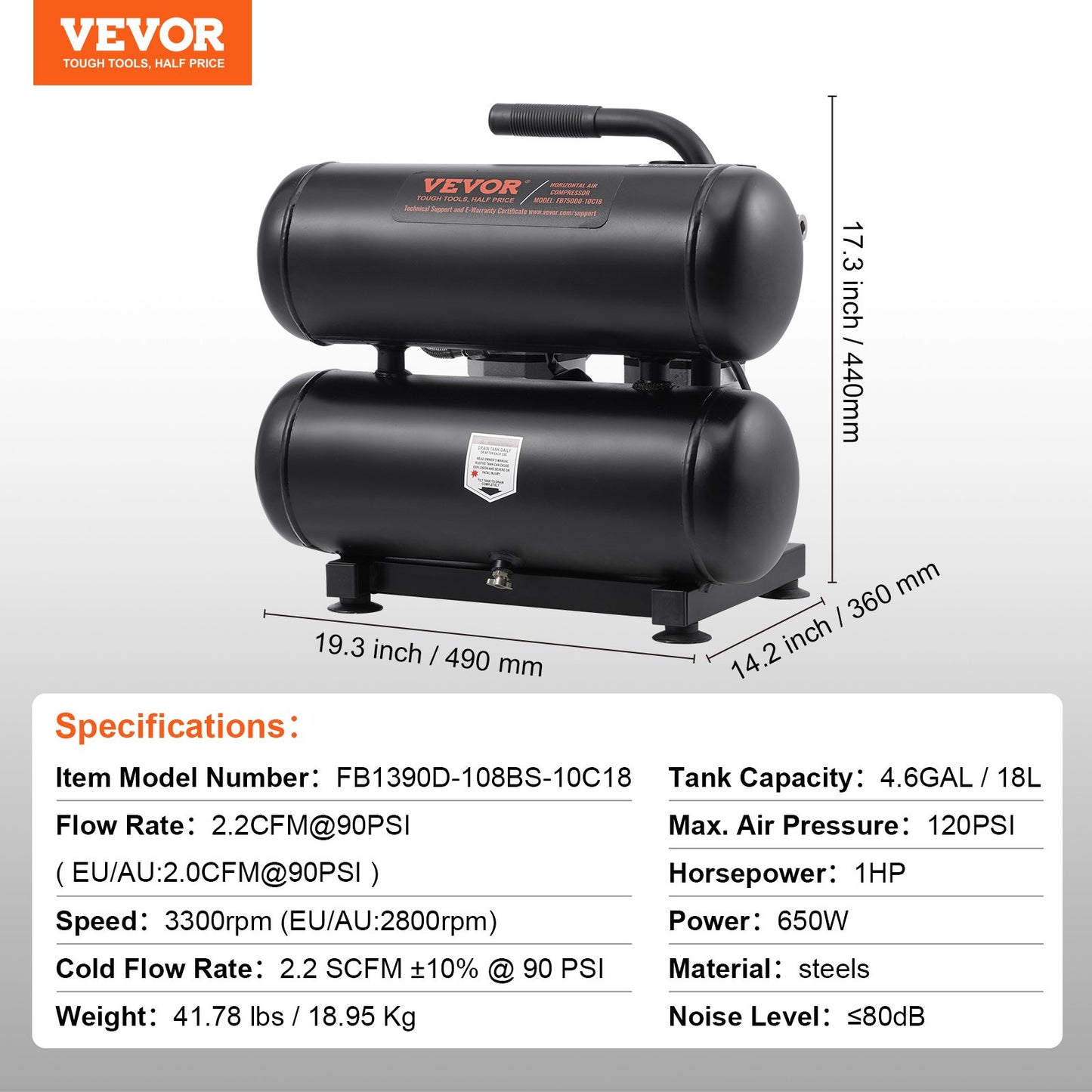 Luftkompressor Kompakt Bärbar Oljefri Kompressor 4,6 Gallon 90 PSI