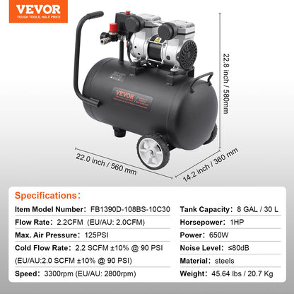 Luftkompressor Kompakt Bärbar Oljefri Kompressor 8 Gallon 90 PSI