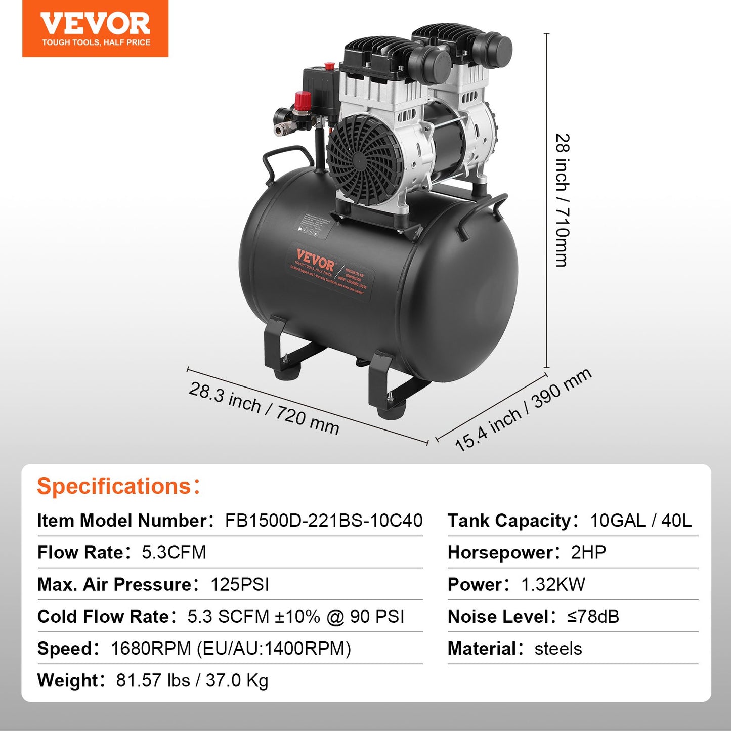 Luftkompressor Kompakt Bärbar Oljefri Kompressor 10 Gallon 90 PSI
