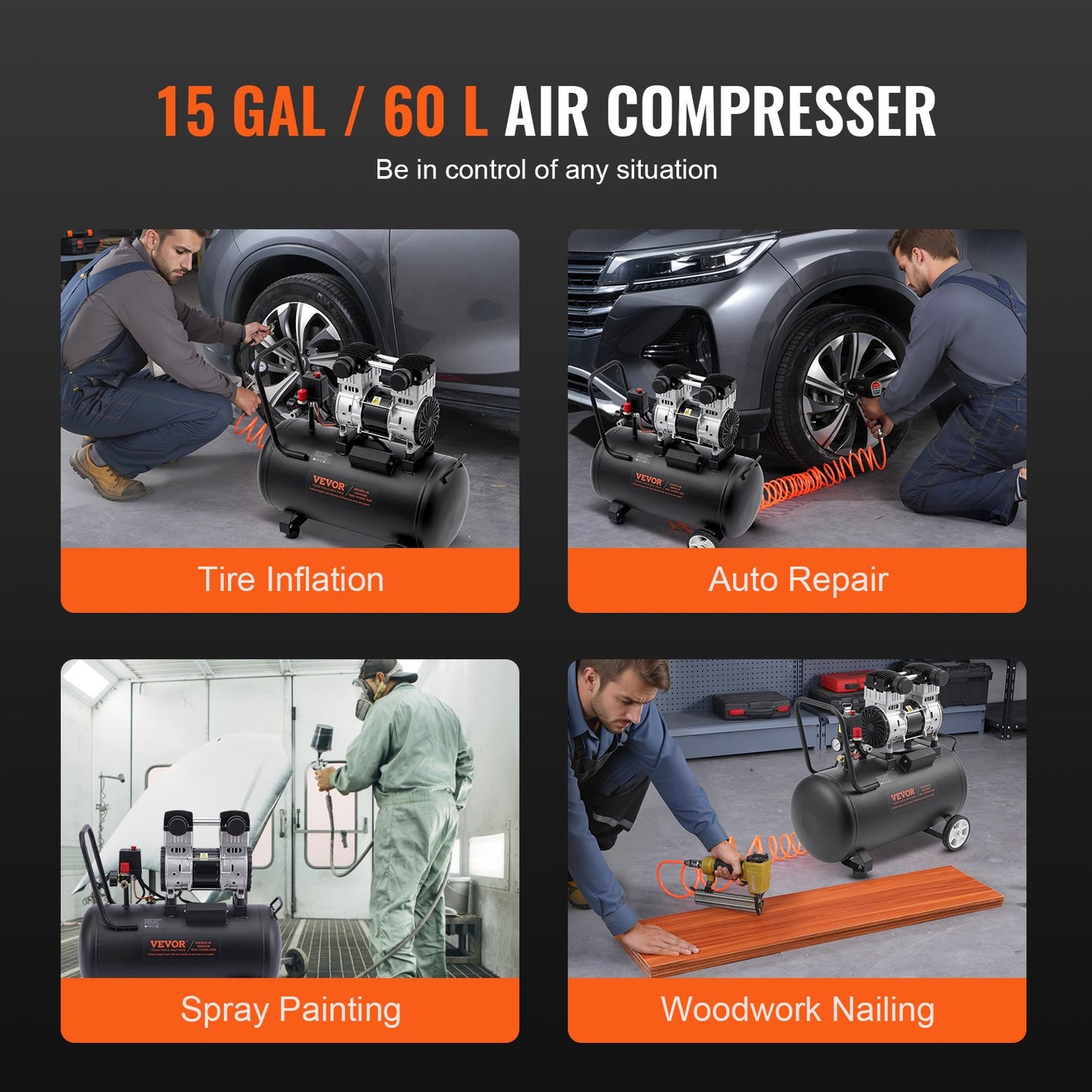 Luftkompressor, kompakt, tragbar, ölfrei, 15 Gallonen, 90 PSI