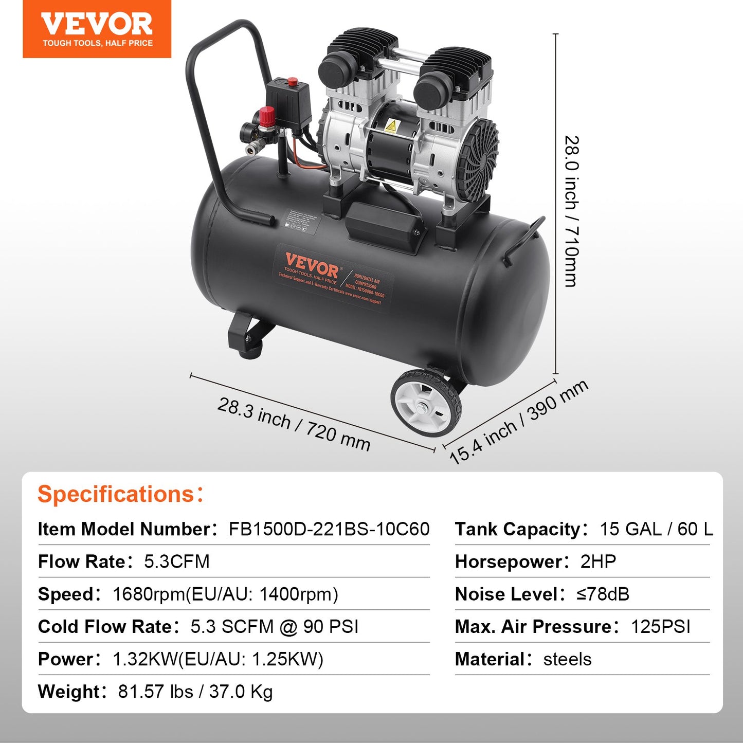 Luftkompressor, kompakt, tragbar, ölfrei, 15 Gallonen, 90 PSI