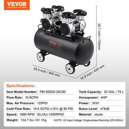 Luftkompressor Kompakt Bärbar Oljefri Kompressor 20 Gallon 90 PSI