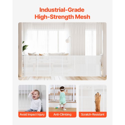 Infällbar Barngrind, 870 mm Hög, Kan Utfällas Upp Till 2800 mm Bredd, Infällbar Grind För Barn Eller Husdjur, Nätmaterial, Enkel Att Installera För Inomhustrappor, Dörröppningar, Hallar, Lekrum, Vit |  EU