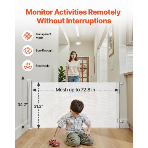Infällbar Barngrind, Utdragbar till 1850 mm Bredd, 795 mm Hög, Med Säkerhetslås, Lätt att Använda, Gå Genom Utan Att Snubbla, Nätgrind För Hundtrappor, Hallar, Inomhus/Utomhus, Vit |  EU