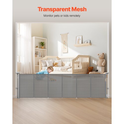 Infällbar Barngrind, 870 mm Hög, Kan Utfällas Upp Till 2800 mm Bred, Infällbar Grind För Barn Eller Husdjur, Nätmaterial, Enkel Att Installera För Inomhustrappor, Dörröppningar, Hallar, Lekrum, Grå |  EU