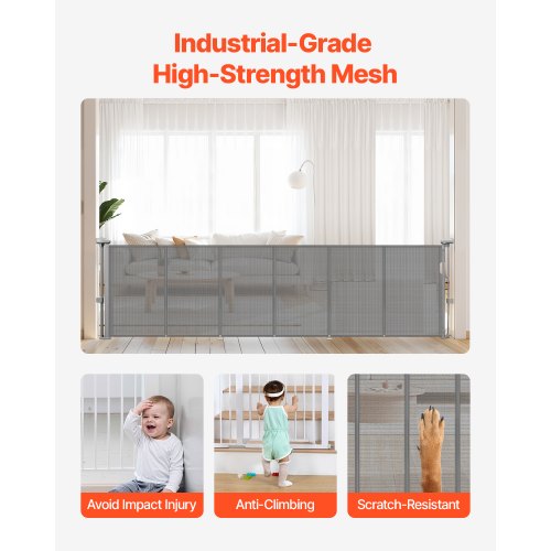 Infällbar Barngrind, 870 mm Hög, Kan Utfällas Upp Till 2800 mm Bred, Infällbar Grind För Barn Eller Husdjur, Nätmaterial, Enkel Att Installera För Inomhustrappor, Dörröppningar, Hallar, Lekrum, Grå |  EU