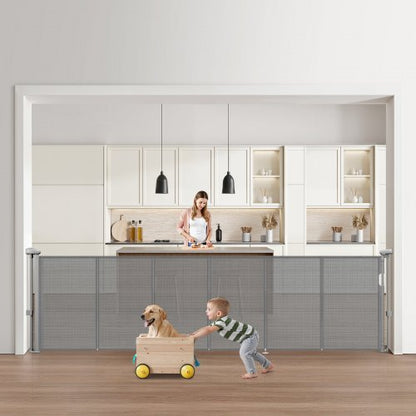 Infällbar Barngrind, 870 mm Hög, Kan Utfällas Upp Till 2800 mm Bred, Infällbar Grind För Barn Eller Husdjur, Nätmaterial, Enkel Att Installera För Inomhustrappor, Dörröppningar, Hallar, Lekrum, Grå |  EU