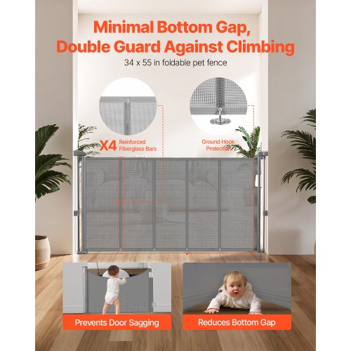 Retractable Baby Gate 870 mm High Extendable to 1400 mm Width Children Pets Grey