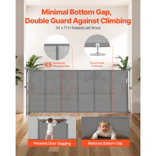 Retractable Baby Gate 870 mm High Extendable to 1800 mm Width Children Pets Grey | EU