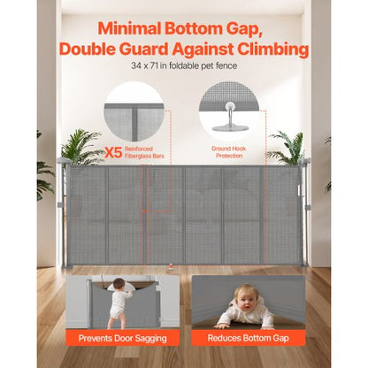 Retractable Baby Gate 870 mm High Extendable to 1800 mm Width Children Pets Grey | EU