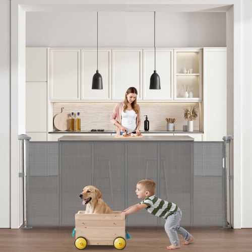Einziehbares Babygitter 870 mm hoch Ausziehbar auf 1800 mm Breite Kinder Haustiere Grau | EU