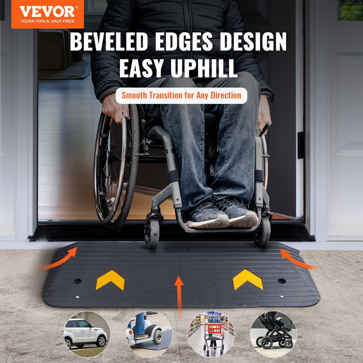 Rubber Threshold Ramp, 2-Inch Rise Threshold Ramp Doorway, Recycled Rubber Power Threshold Ramp, Rated 33069 lbs Load Capacity, Non-Slip Rubber Surface, Fixed Threshold Ramp for Wheelchair and Scooter