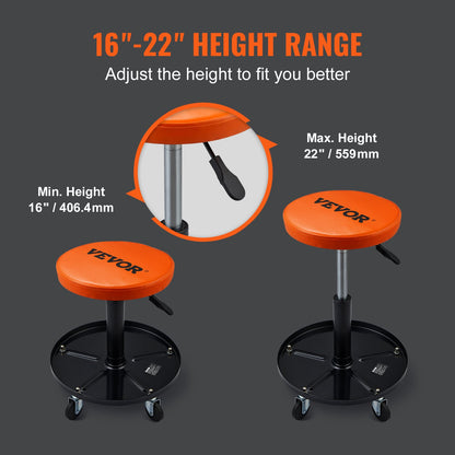 Mekanisk pall, 250 LBS rullande pneumatisk krypgarage/butikssäte, justerbar höjd 22 in-28 i vadderad rullande verkstadspall med verktygsbricka, för garage, butik, bilreparation, svart+orange