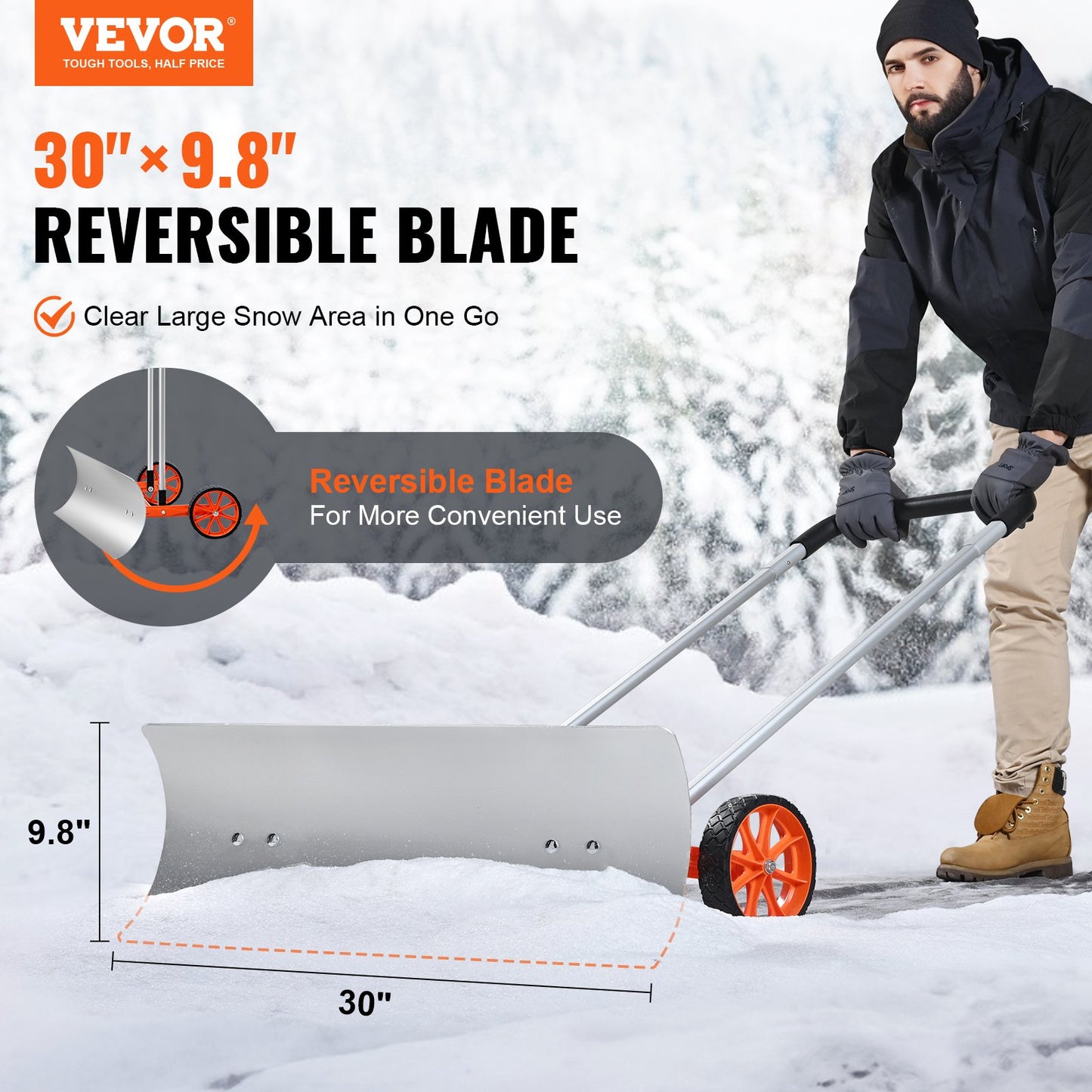 Schneeschaufel mit Rädern, 30-Zoll-Schneeschaufel für die Auffahrt, Metall-Schneeschaufel zum Schneeräumen, robuster Schaufelschieber mit breiter Klinge und U-förmigem Griff aus Aluminiumlegierung