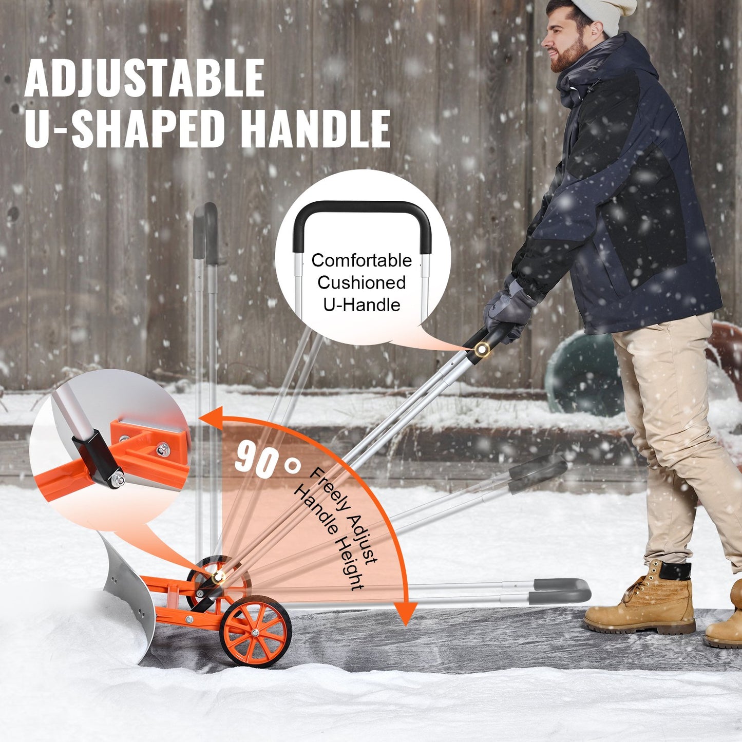 Schneeschaufel mit Rädern, 30-Zoll-Schneeschaufel für die Auffahrt, Metall-Schneeschaufel zum Schneeräumen, robuster Schaufelschieber mit breiter Klinge und U-förmigem Griff aus Aluminiumlegierung