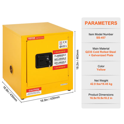11 Gallon Safety Cabinet 16.9" X 16.9" X 18.1" Hazardous Hinges Manual Hot