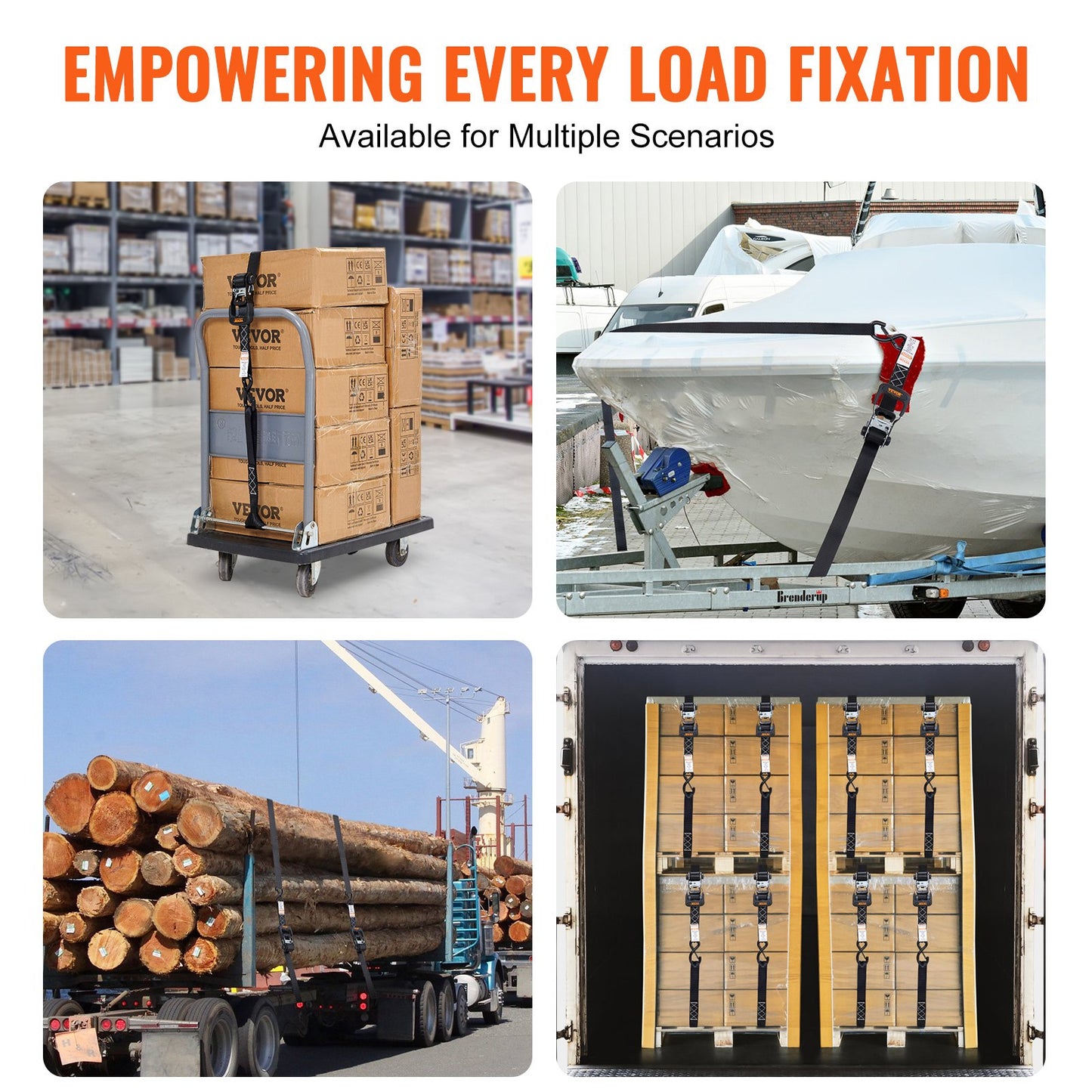 Ratschen-Spanngurte (4er-Pack), 2300 kg maximale Bruchfestigkeit, inkl. 4 Premium-Ratschen-Spanngurte 4,1 x 20,3 cm mit gepolsterten Griffen, zur Ladungssicherung beim Bewegen, für Haushaltsgeräte, Rasengeräte, Motorräder