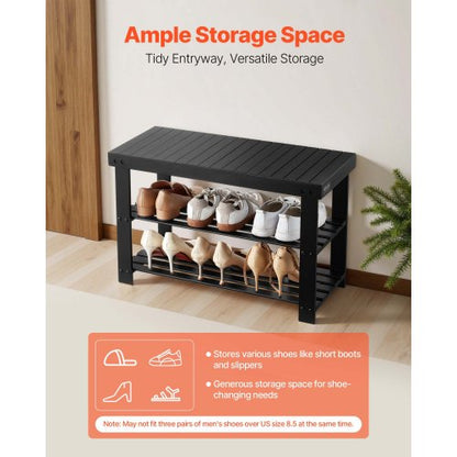Skohylla, 3-våningars bambubänk för entrén, skoförvaring rymmer upp till 136 kg, 703 x 288 x 451 mm, för ytterdörr, hall, vardagsrum, sovrum, svart |  EU