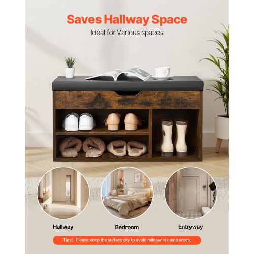 Skobänk för hall, 805 x 305 x 445 mm skoförvaring med dold lyftbar topp, 136 kg bänk med stoppad sits och 3 skåp för hall, vardagsrum, sovrum, brun + svart |  EU
