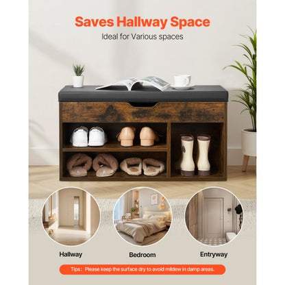 Skobänk för hall, 805 x 305 x 445 mm skoförvaring med dold lyftbar topp, 136 kg bänk med stoppad sits och 3 skåp för hall, vardagsrum, sovrum, brun + svart |  EU