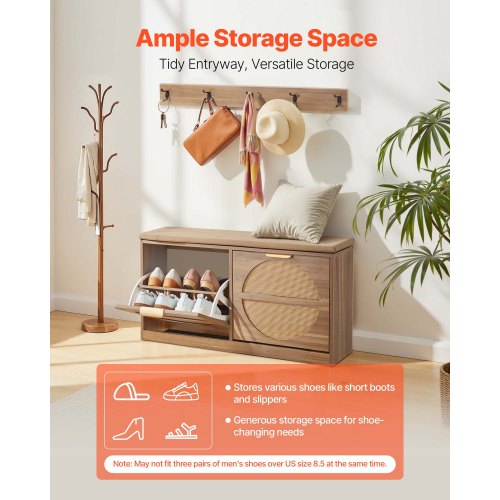 Skobänk för entrén, 988 x 240 x 500 mm rottingliknande skobänk med fällbara lådor, 180 kg skohylla med dynor, 4 fack och rottingdörrar, för hall, vardagsrum, sovrum |  EU