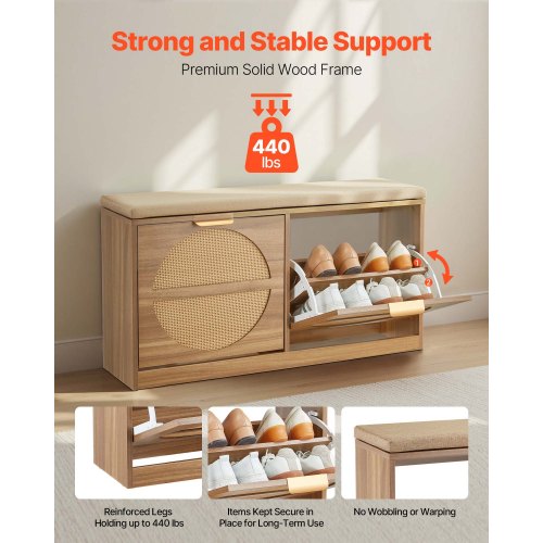 Skobänk för entrén, 988 x 240 x 500 mm rottingliknande skobänk med fällbara lådor, 180 kg skohylla med dynor, 4 fack och rottingdörrar, för hall, vardagsrum, sovrum |  EU