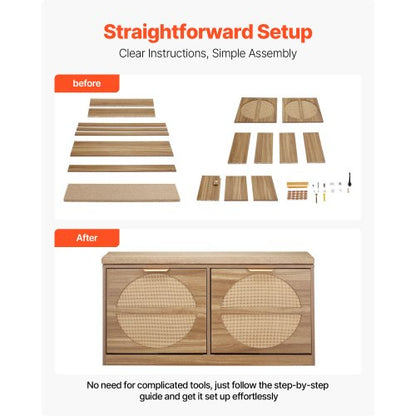 Skobänk för entrén, 988 x 240 x 500 mm rottingliknande skobänk med fällbara lådor, 180 kg skohylla med dynor, 4 fack och rottingdörrar, för hall, vardagsrum, sovrum |  EU