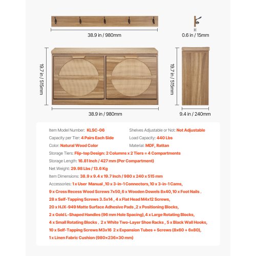 Skobänk för entrén, 988 x 240 x 500 mm rottingliknande skobänk med fällbara lådor, 180 kg skohylla med dynor, 4 fack och rottingdörrar, för hall, vardagsrum, sovrum |  EU